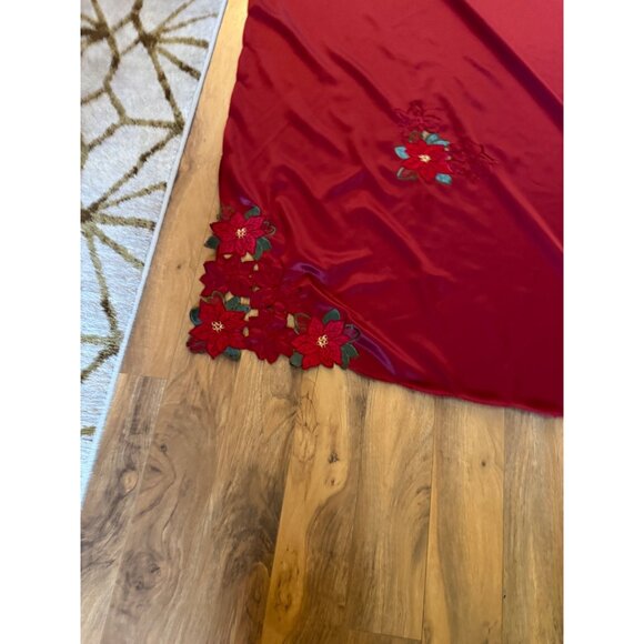 St.Nicholas Square Red Embroidered Tablecloth With Floral Poinsettia Design 120 - Picture 5 of 10